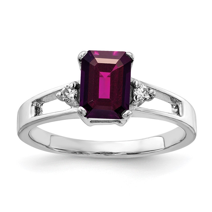 14k White Gold 7x5mm Emerald Cut Rhodolite Garnet AAA Diamond ring Y4758RG/AAA
