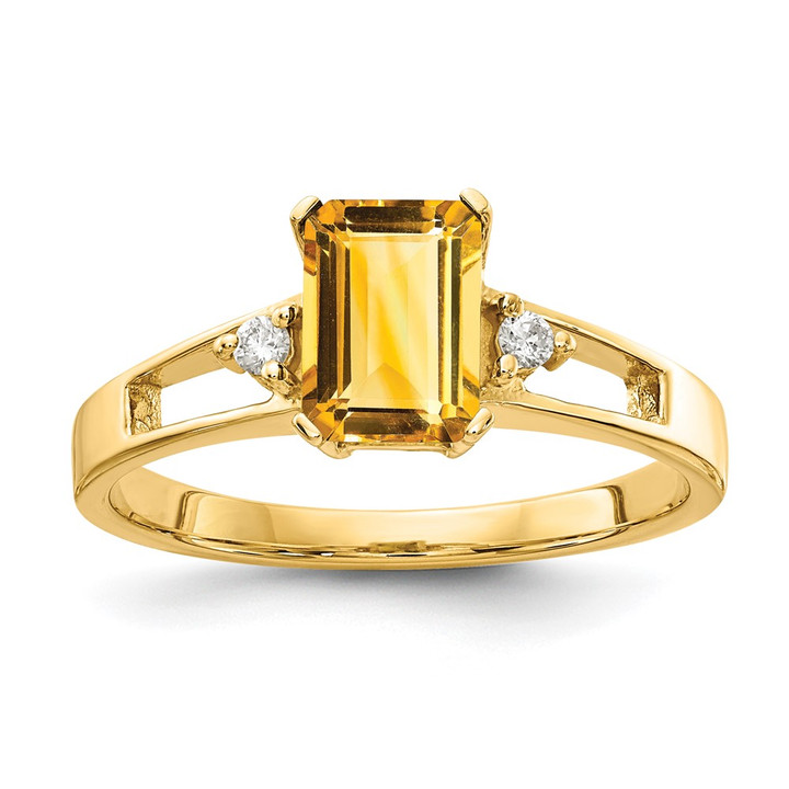 14k 7x5mm Emerald Cut Citrine AAA Diamond ring Y4757CI/AAA