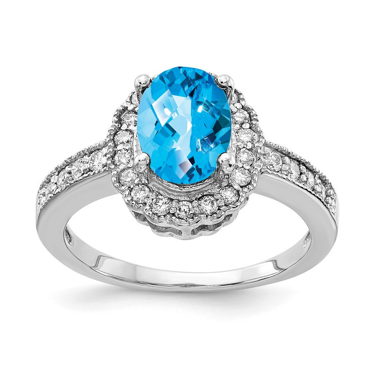 14k White Gold 8x6mm Oval Blue Topaz Checker VS Diamond ring Y4420BC/VS