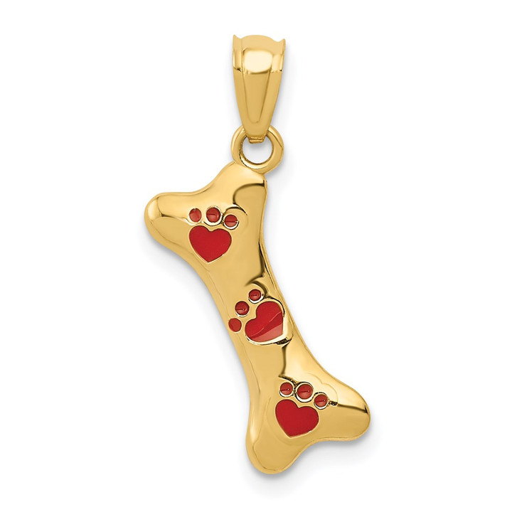14k Yellow Gold Dog Bone with Red Enamel Paw Prints Pendant YC1104