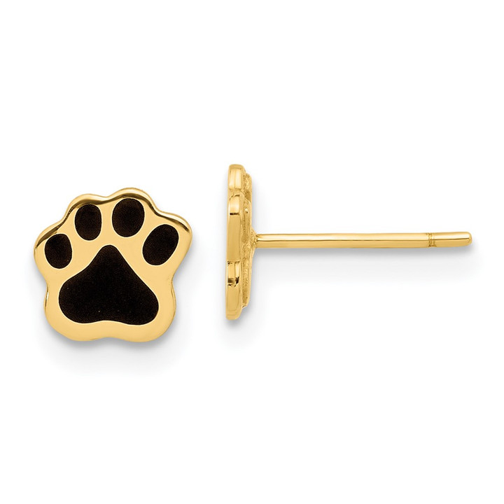 14K Polished Paw with Black Enamel Post Earrings YE2216