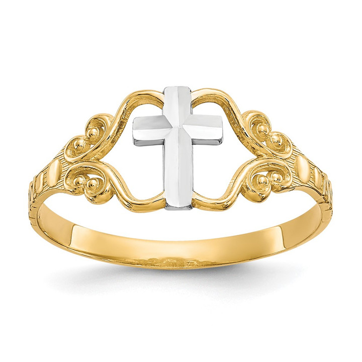 10k & Rhodium Polished Cross Ring 10C1279