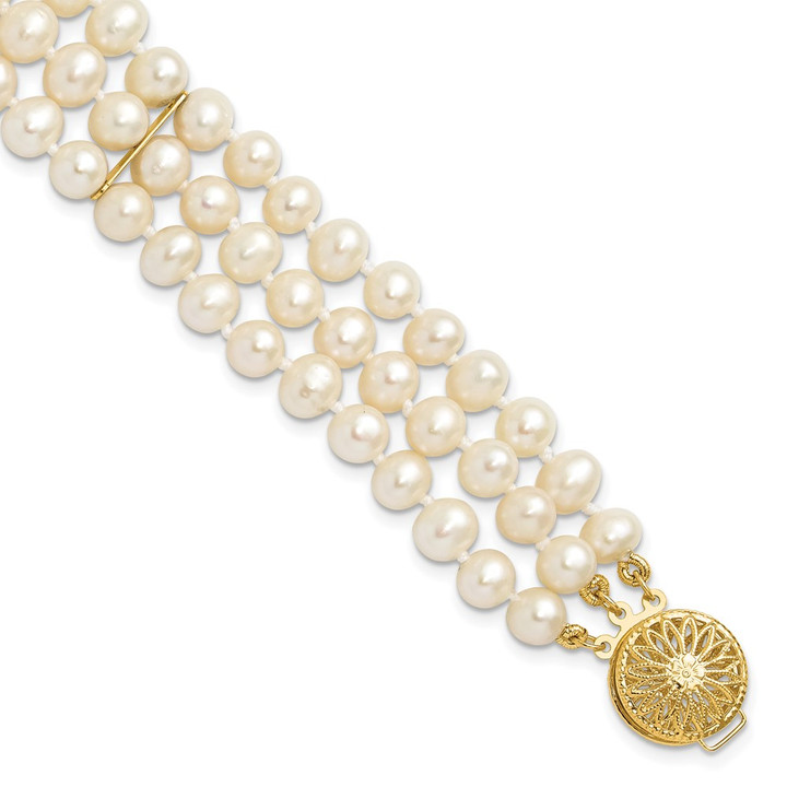 14k 5-6mm White Near Round FW Cultured Pearl 3-strand Bracelet PR14-7.5