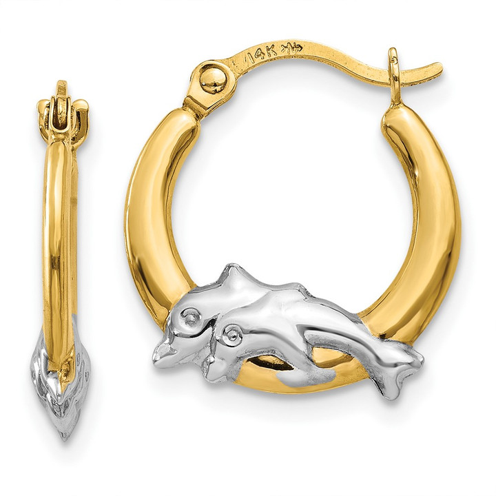 10K & Rhodium Dolphin Hoop Earrings 10TL729