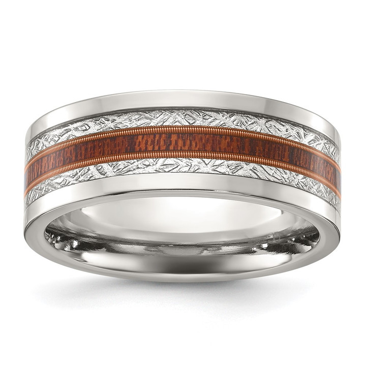 Chisel Titanium Polished with Wood and Imitation Meteorite Inlay 8mm Band TB540-10