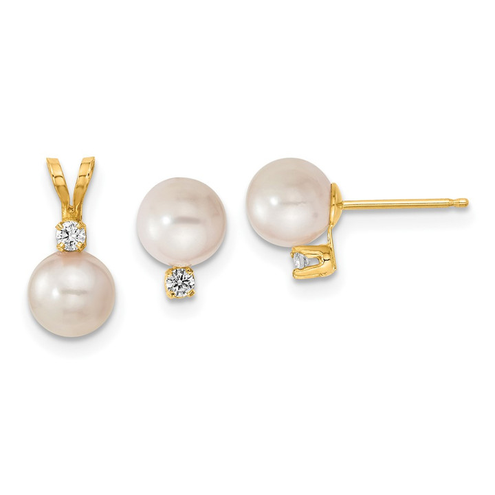 14K 6-7mm Saltwater Akoya Cultured Pearl & Dia. Earrings & Pendant Set XF399SET