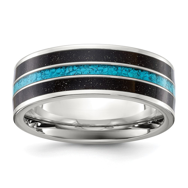 Chisel Titanium Polished with Turquoise and Black Star Sandstone Inlay 8mm Band TB536-10.5