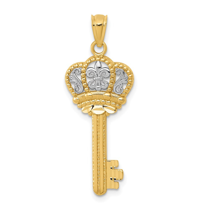 14K w/White Rhodium Polished Fleur De Lis Crown Key Charm K5939
