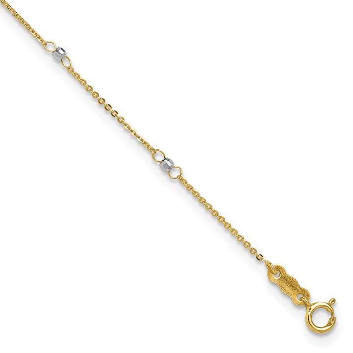 14k Two-tone Cable with Mirror Beads 9in Plus 1in Ext. Anklet ANK264-9