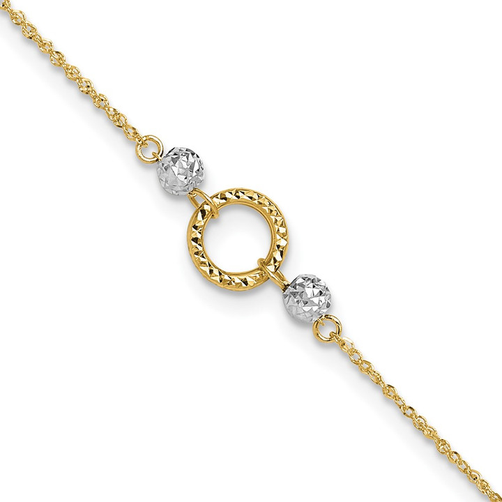 14k Two-tone Circle and Bead 9in Plus 1in ext. Anklet ANK228-10