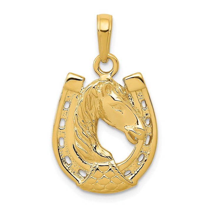14k Solid Polished Horse Head in Horseshoe Pendant C2201