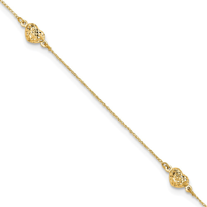 14k Puff Heart 9in Plus 1in ext. Anklet ANK219Y-10