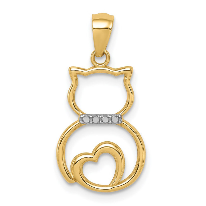 14k White Rhodium Diamond-cut Sitting Cat Pendant C4621
