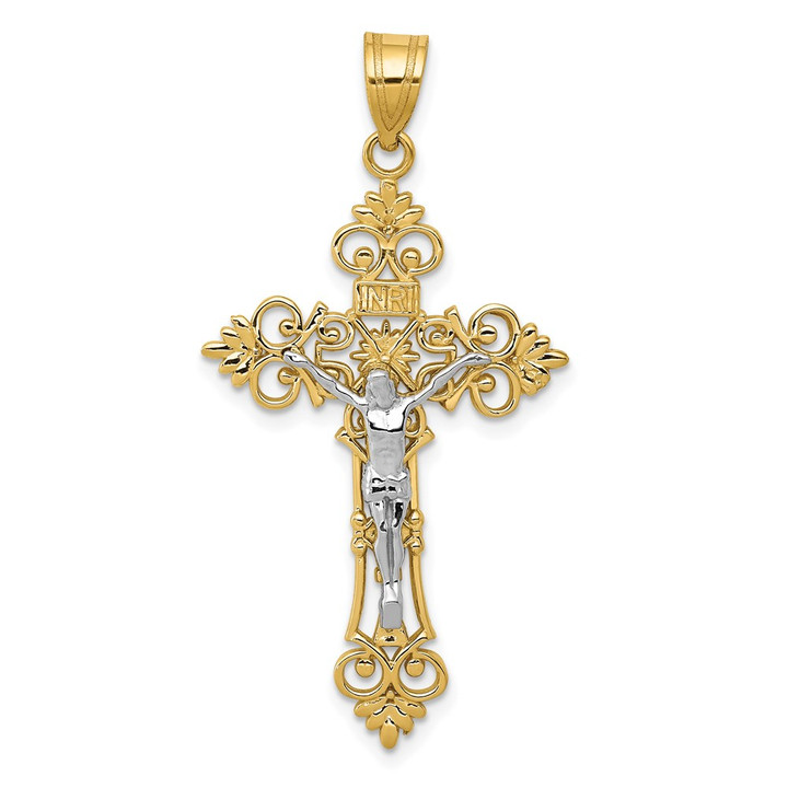 14K Two-Tone Large Lacy-Edge Inri Crucifix Pendant C4388