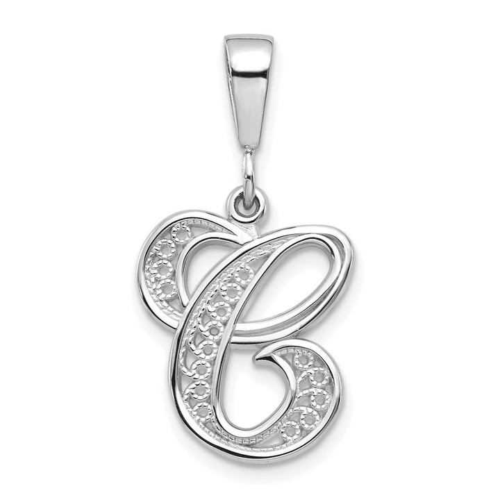 14KW White Gold Solid Polished Script Filigree Letter C Initial Pendant D1281C