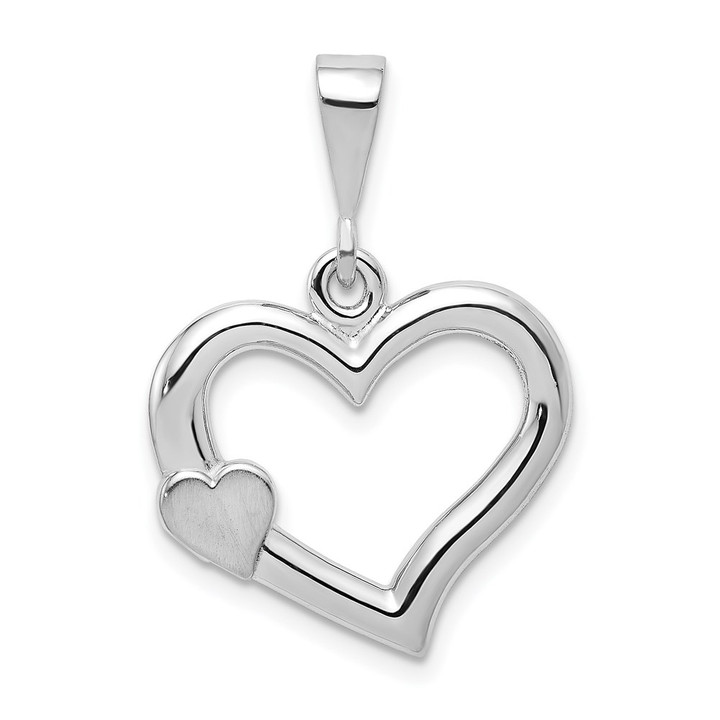 14k White Gold Solid Satin Polished Fancy 3D Heart Pendant D1053