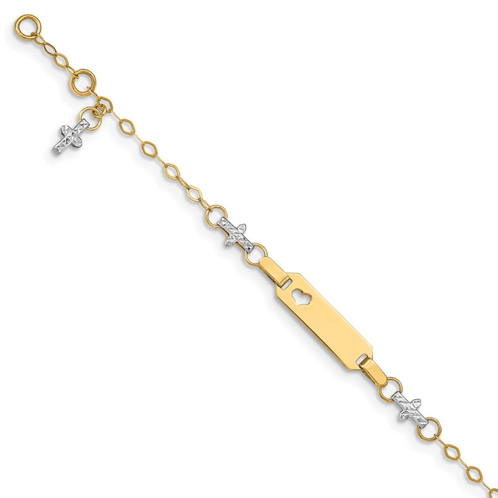 14k Two-tone Baby Polished and Textured Cross w/1in ext. ID Bracelet BID88-4.5