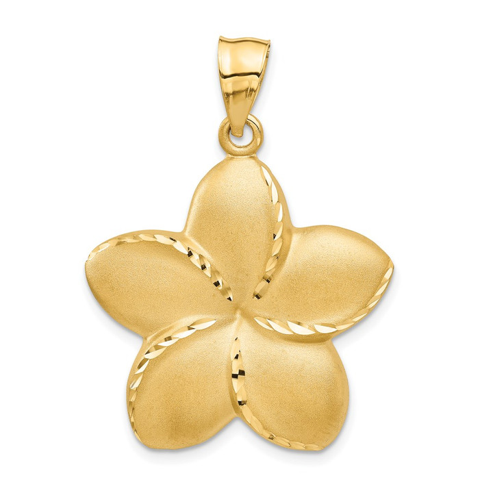 14k Satin Diamond-cut Open-Backed Large Plumeria Pendant C2343
