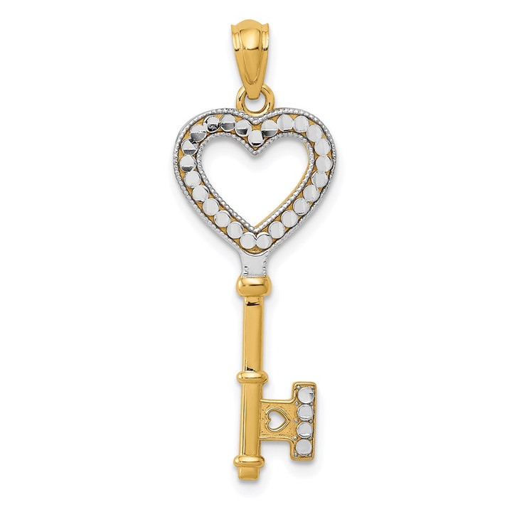 14K w/White Rhodium Polished Heart Key Charm D3851