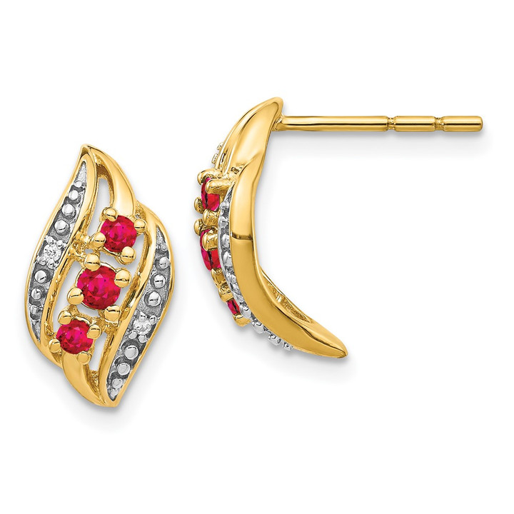 14k Gold w/ Siam Ruby and Diamond Polished Post Earrings EM5596-RU-002-YA