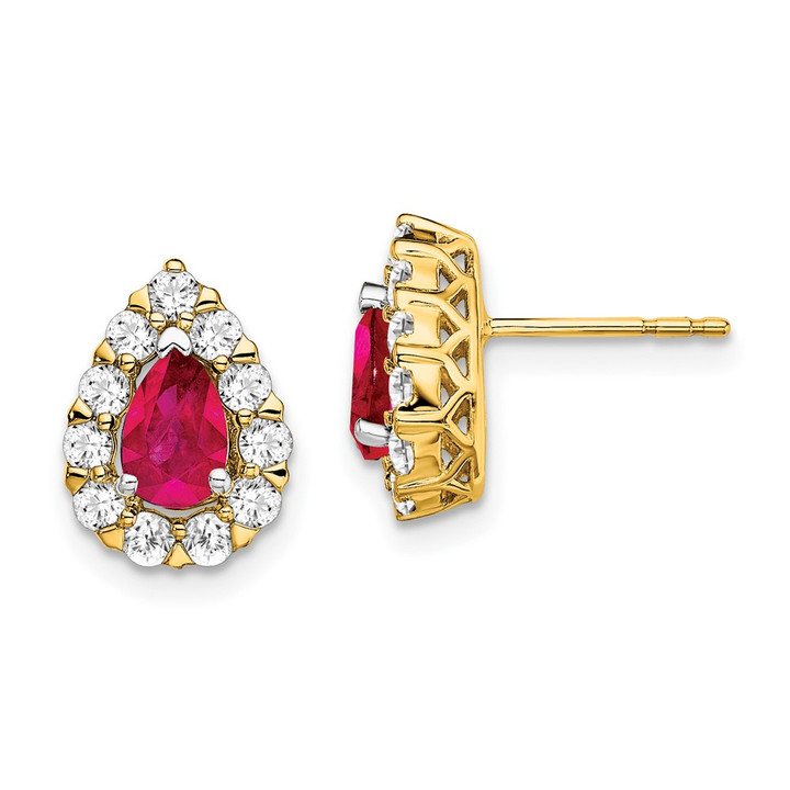 14k Pear Ruby and Diamond Halo Post Earrings EM6991-RU-077-YA