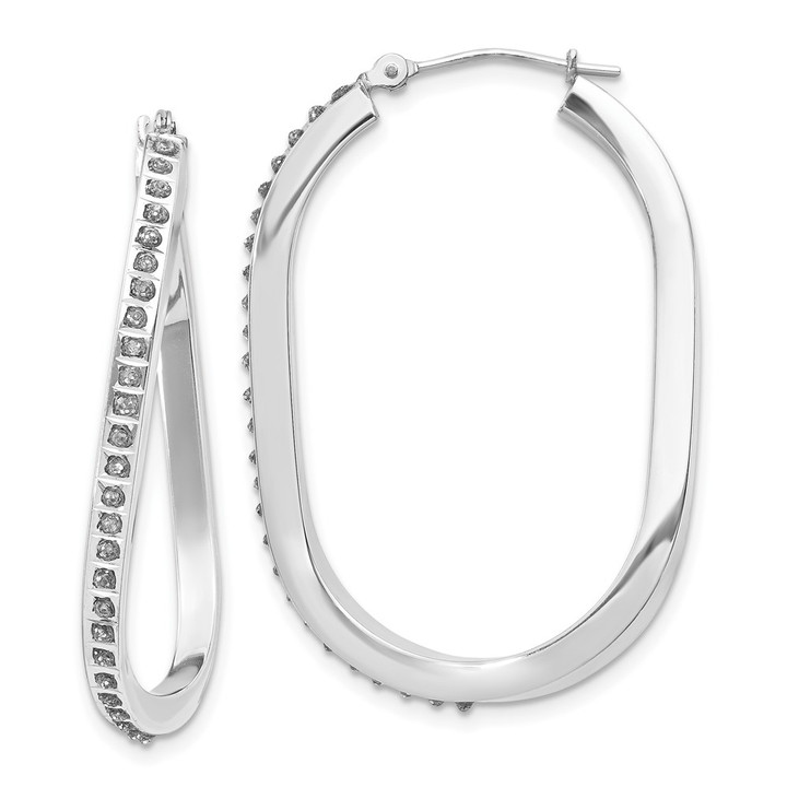 14k White Gold Diamond Fascination Oval Twist Hinged Hoop Earrings DF151