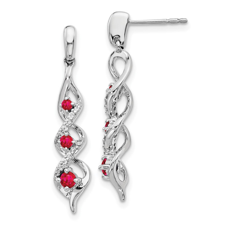 10k White Gold Diamond and Ruby 3 Stone Post Dangle Earrings EM5599-RU-013-1WA