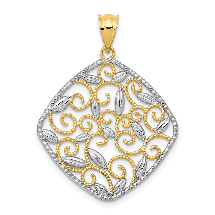 14K w/Rhodium Diamond-Cut Filigree Swirl Pendant K4789