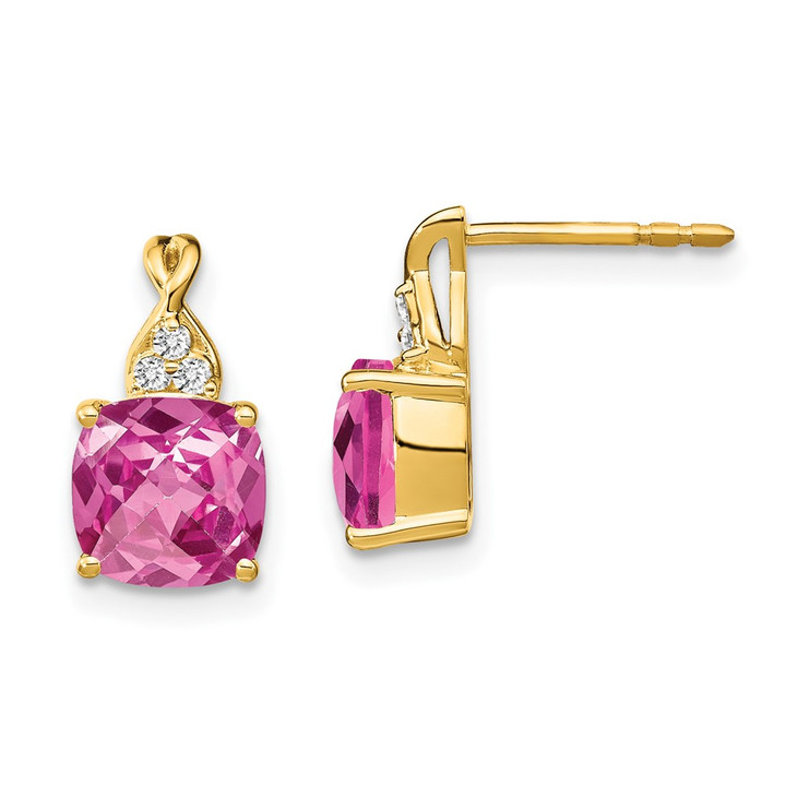 14k Checkerboard Created Pink Sapphire and Diamond Earrings EM4393-CPS-006-YA