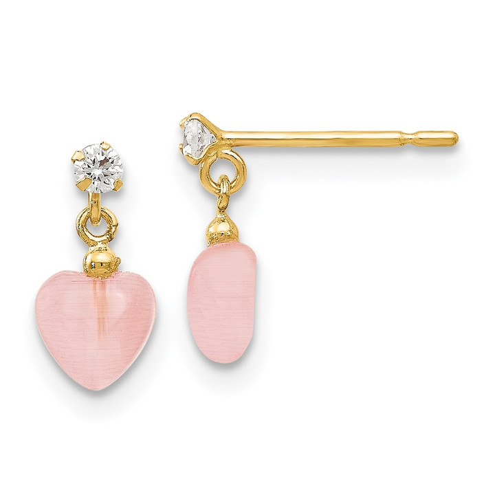 14k Madi K CZ and Pink Cat's Eye Heart Dangle Post Earrings GK737