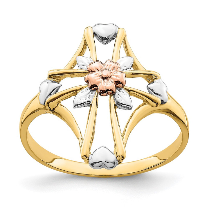 14K Two-tone W/White Rhodium Polished Cross w/Flower Ring K5722