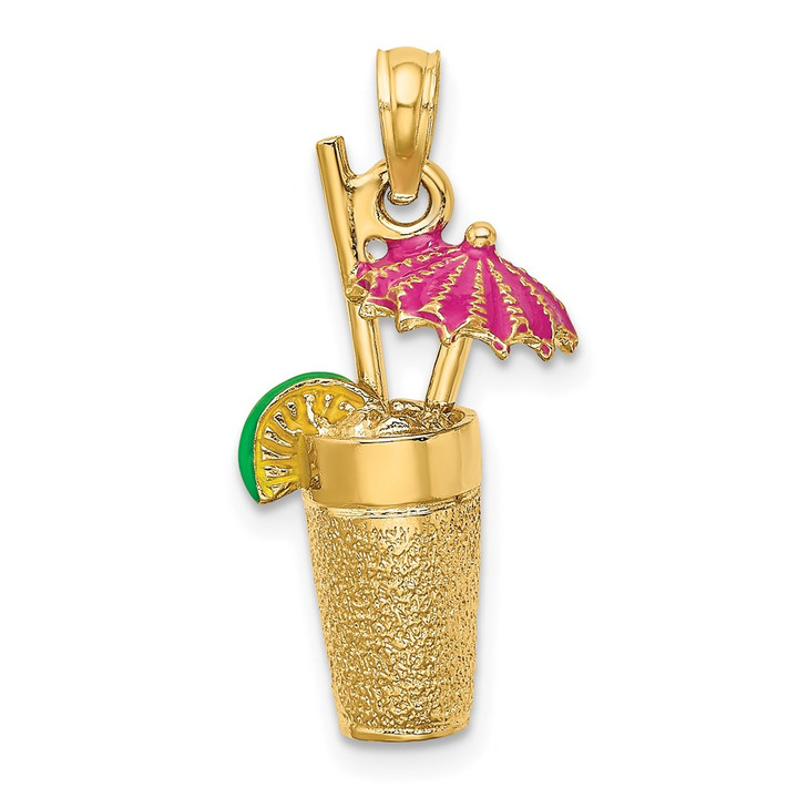 14K 3-D Cocktail Drink w/Fuschia Enamel Umbrella and Lime Charm K6679