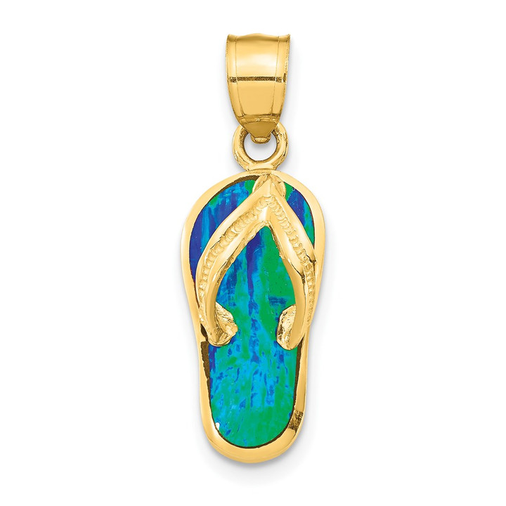 14k Polished 3D w/Created Blue Opal Flip Flop Pendant K6090