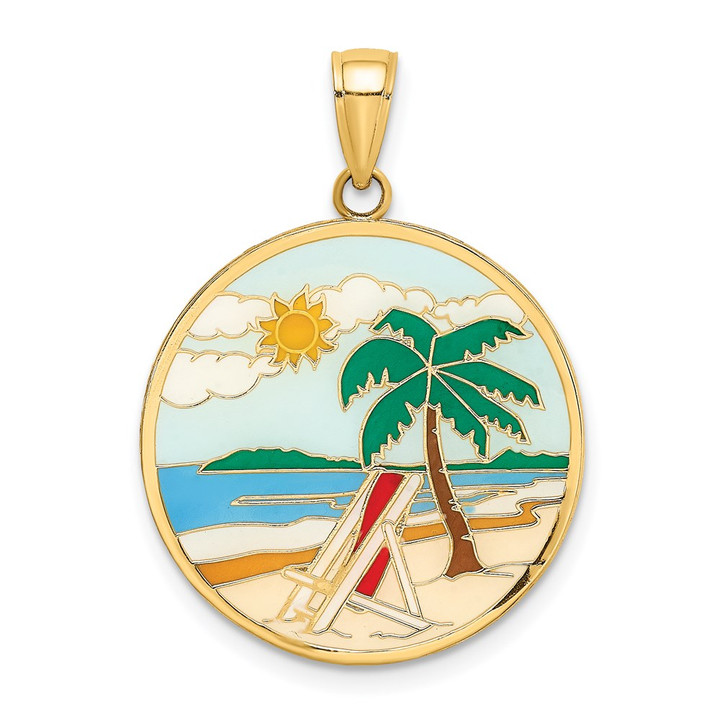 14K Enamel Beach Scene On Round Disc Charm K6911