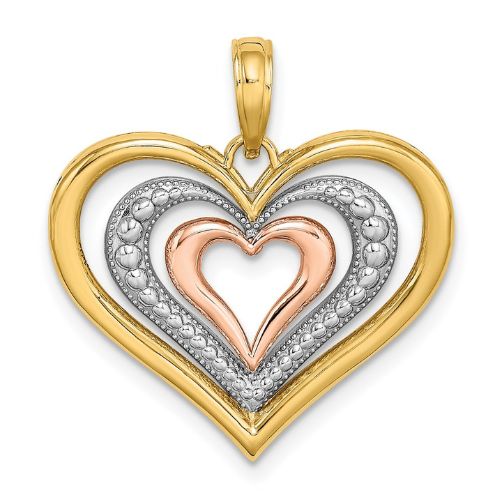 14k Two-tone White Rhodium Textured and Polished Triple Hearts Charm K9461
