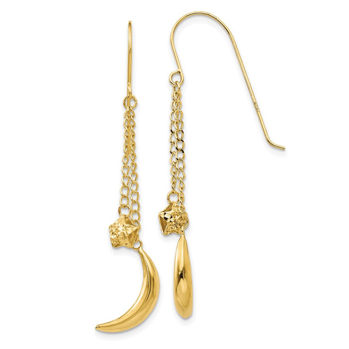 14K Chain Dangle Puffed Moon & Stars Shepherd Hook Earrings H1095