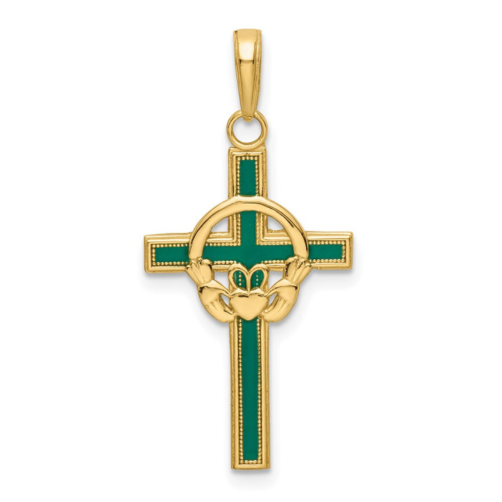 14k Green Enameled Claddagh Cross Pendant M1338EG