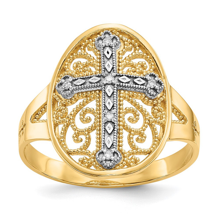 14k Yellow & White Gold Diamond Filigree Cross Ring K5120