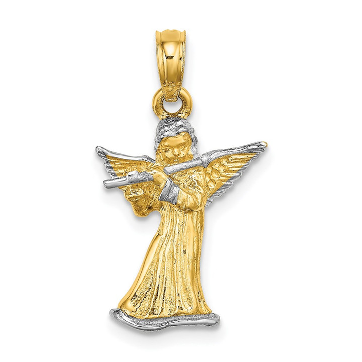 14k w/ White Rhodium 3-D Angel Playing Flute Charm K9350