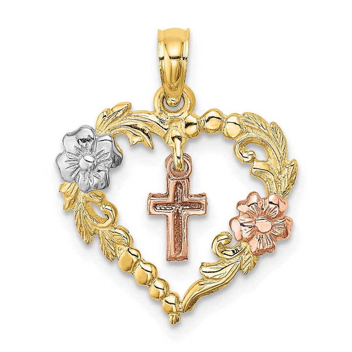 14K Two-tone w/White Rhodium Heart w/Cross and Flowers Charm K9040