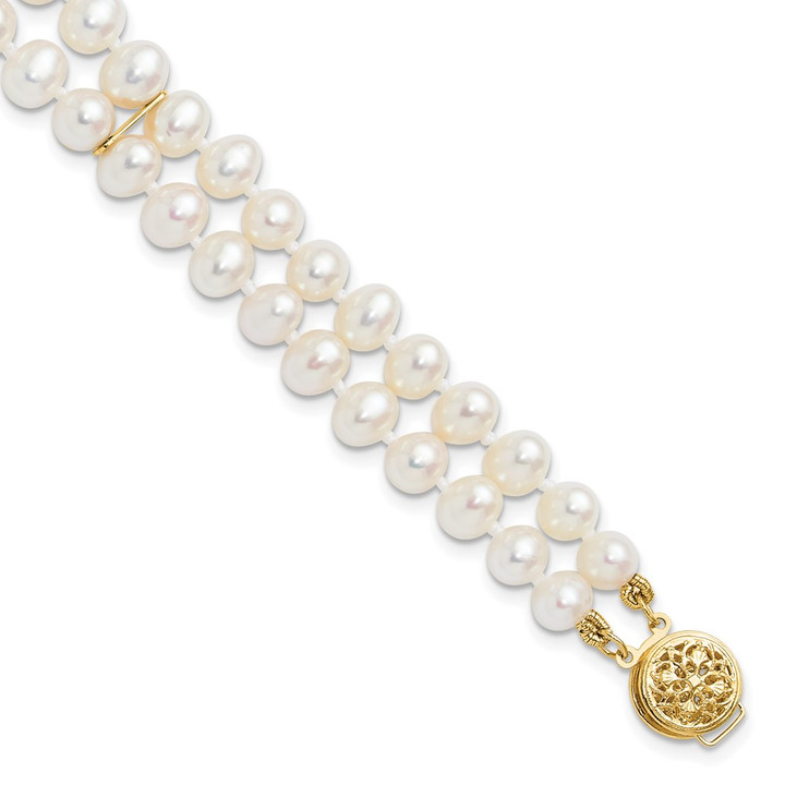 14k 5-6mm White Near Round FW Cultured Pearl 2-strand Bracelet PR13-7.5