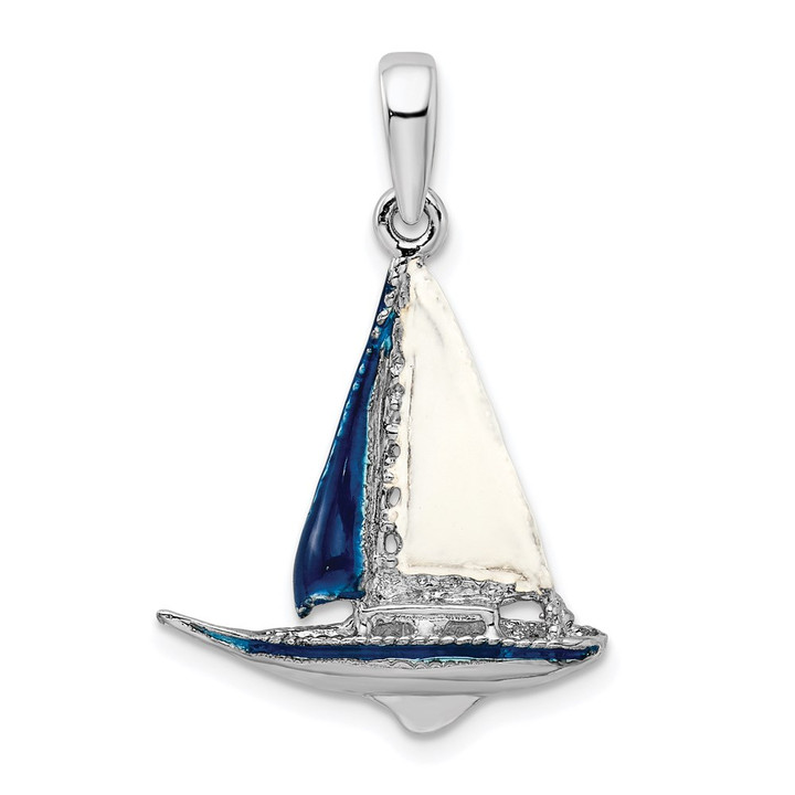 De-Ani Sterling Silver Rhodium-Plated Polished 3D Enameled Sailboat Pendant QC10632