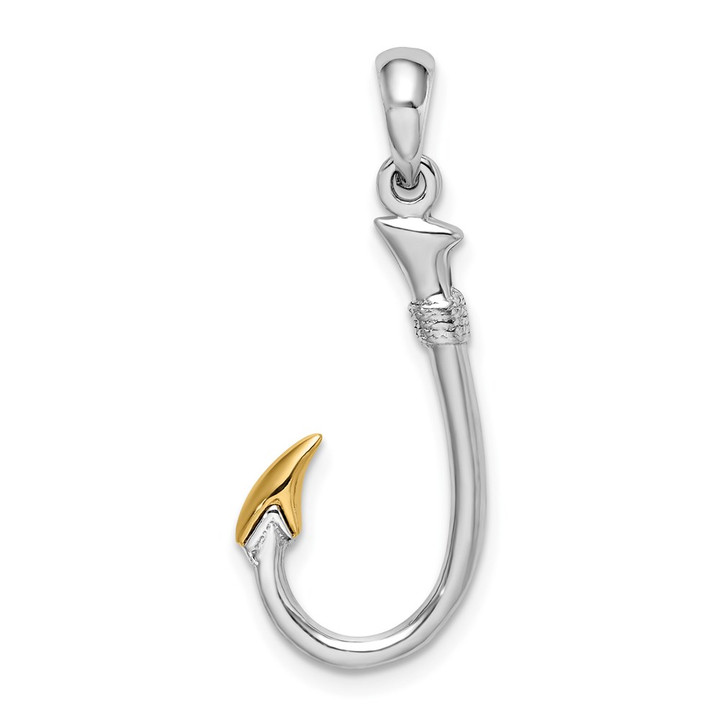 De-Ani Sterling Silver Rhodium-Plated 3D Fish Hook with 14k Accent Pendant QC10835G