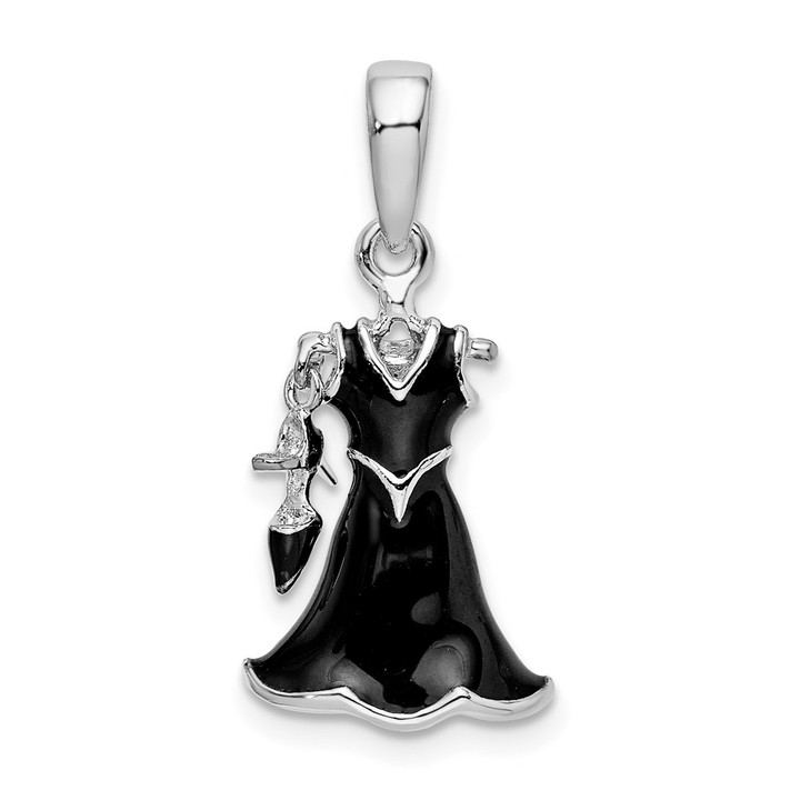De-Ani Sterling Silver Rhodium-Plated 3D Enameled Black Dress and Shoe Pendant QC10665