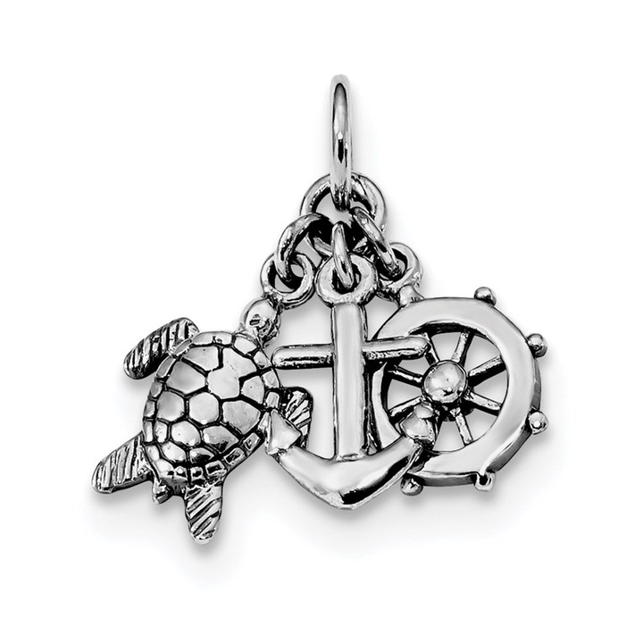Sterling Silver Rhodium-plated Antiqued Turtle, Anchor & Wheel Charm QC9258