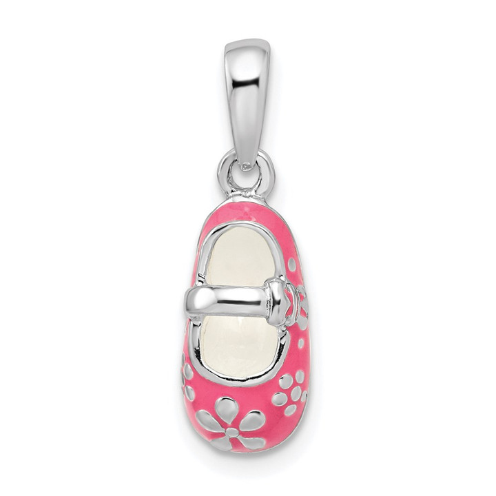 De-Ani Sterling Silver Rhodium-Plated 3D Pink Enameled Baby Shoe Pendant QC10655