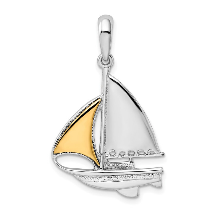 De-Ani Sterling Silver Rhodium-Plated Polished Sailboat with 14k Sail Pendant QC10790G