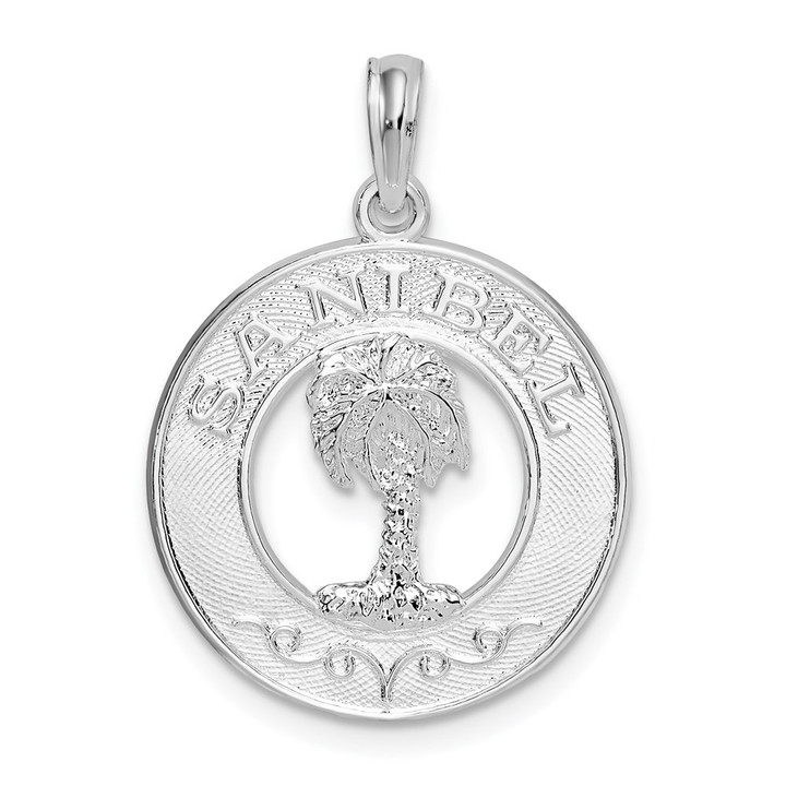 De-Ani Sterling Silver Rhodium-Plated Polished Sanibel Circle with Palm Tree Pendant QC10363