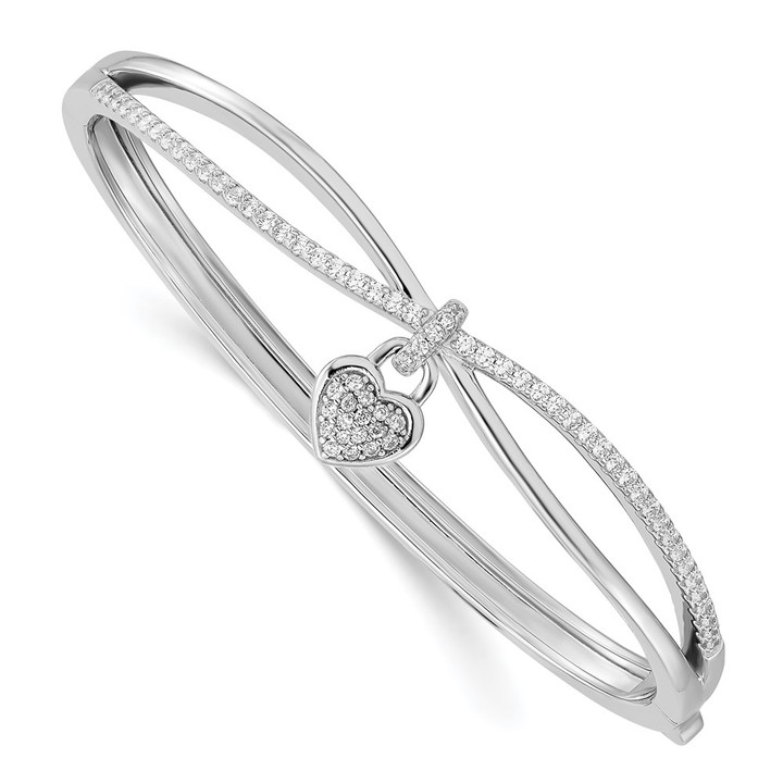 Sterling Silver Rhodium-plated CZ Heart Dangle Hinged Bangle QB1442