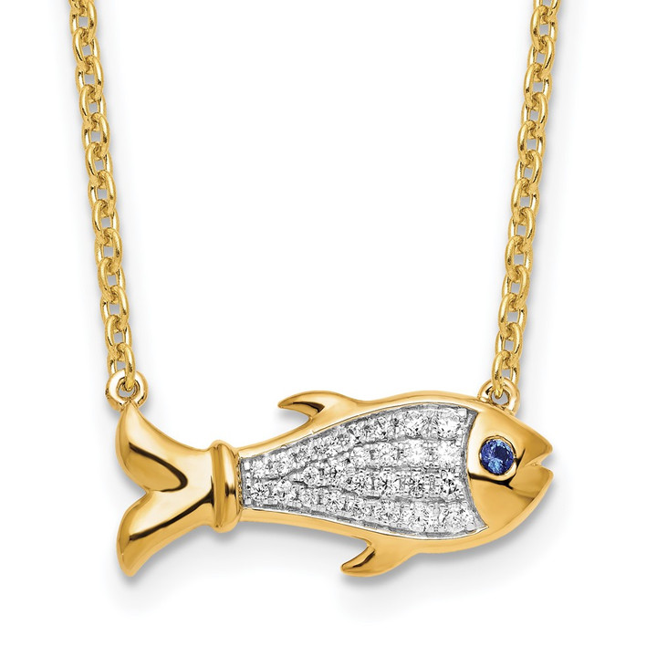 14K Lab Grown VS/SI FGH Dia and Created Blue Sapphire Fish Necklace PM9690-CSA-025-YLG